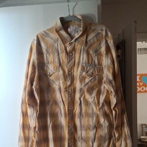 True Religion Tan and White and Pale YellowPlaid Shirt